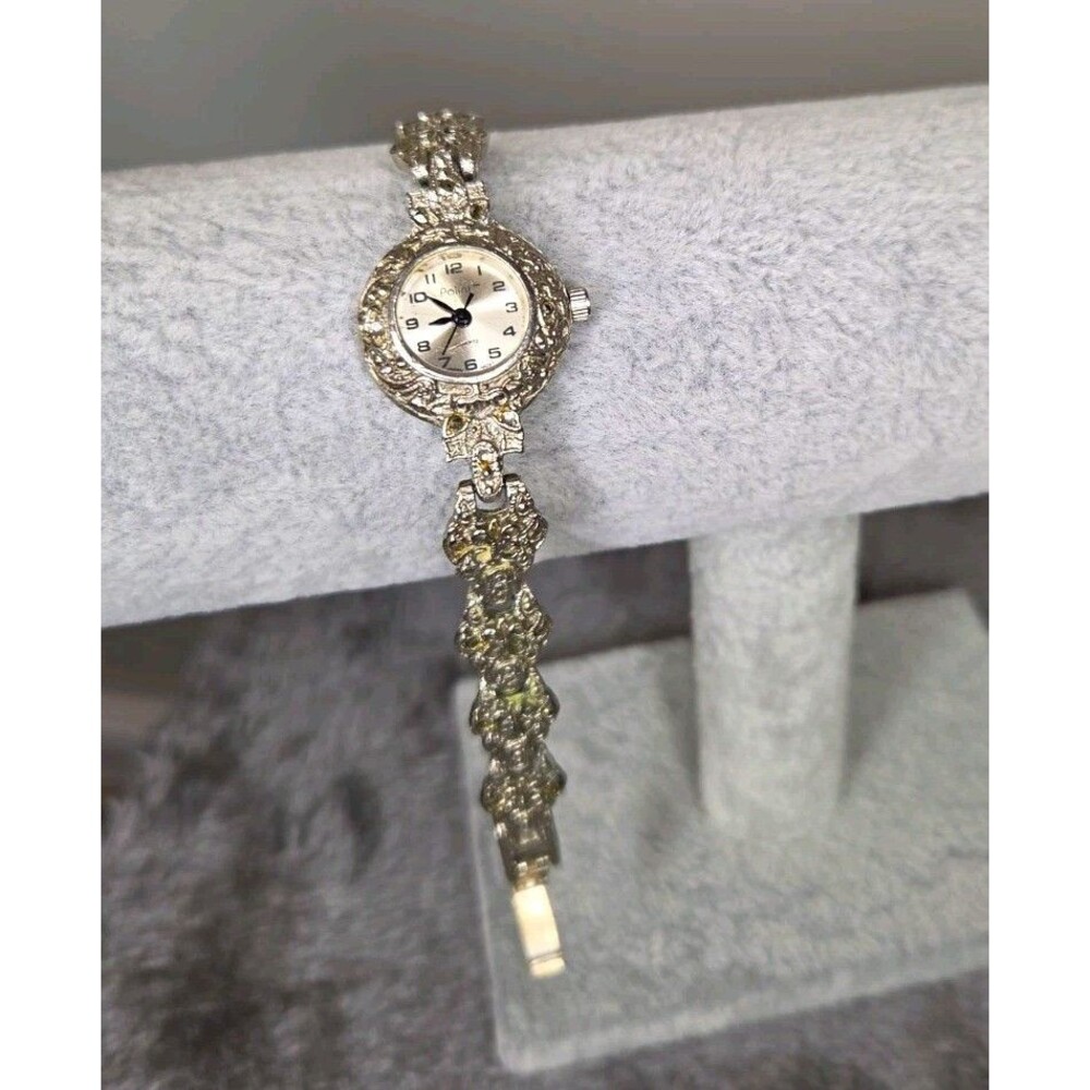 Polini Silver Tone Art Deco Marcasite Quartz Bracelet watch White Pearl Dial